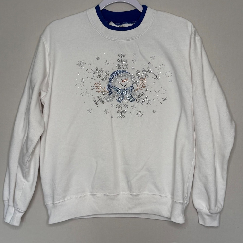 Vtg 90s Decorated Originals Snowman Sweatshirt White Double Collar Winter M